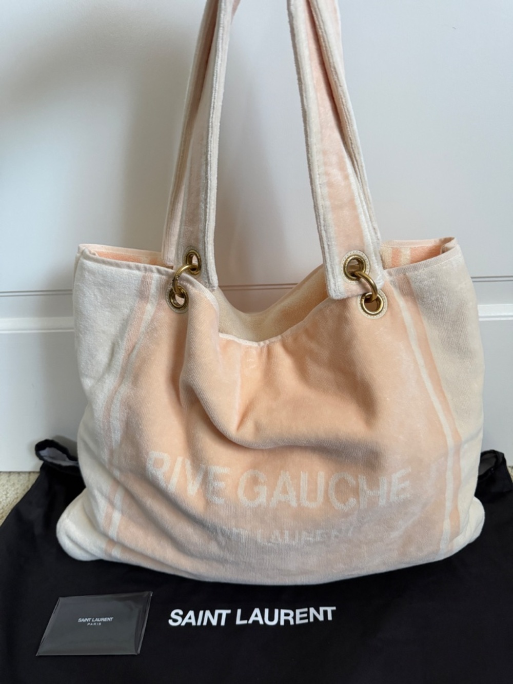 Saint Laurent YSL Rive Gauche Pink White Logo Convertible Towel Terry Tote Bag - Picture 6 of 16